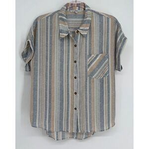 Nouvida Womens Short Sleeve Button Up Striped Shirt Blue Tan White Sz L